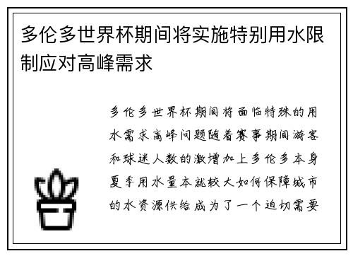 多伦多世界杯期间将实施特别用水限制应对高峰需求 多伦多世界杯期间将实施特别用水限制应对高峰需求