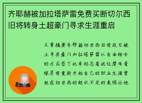 齐耶赫被加拉塔萨雷免费买断切尔西旧将转身土超豪门寻求生涯重启 齐耶赫被加拉塔萨雷免费买断切尔西旧将转身土超豪门寻求生涯重启