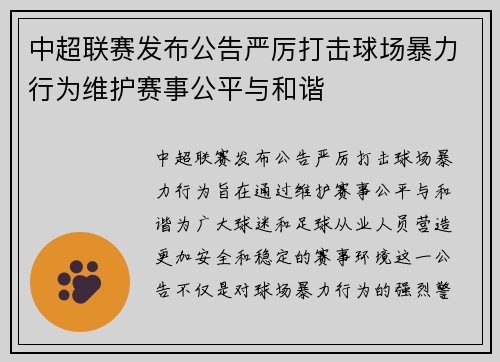 中超联赛发布公告严厉打击球场暴力行为维护赛事公平与和谐